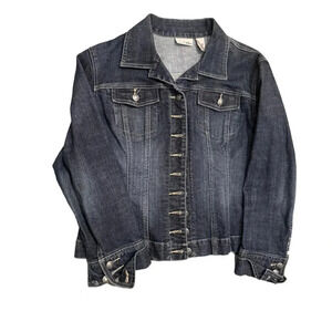 🧥Chico’s Dark Wash Denim Jacket‎ Women’s Size 2 – Pleated Button Front 🖤